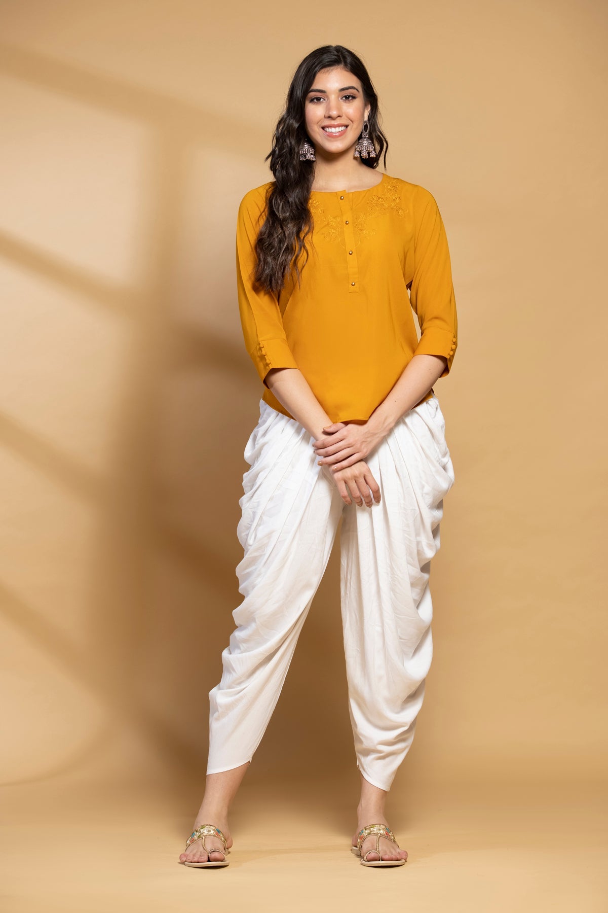Mustard Yoke Embroidered Straight Top
