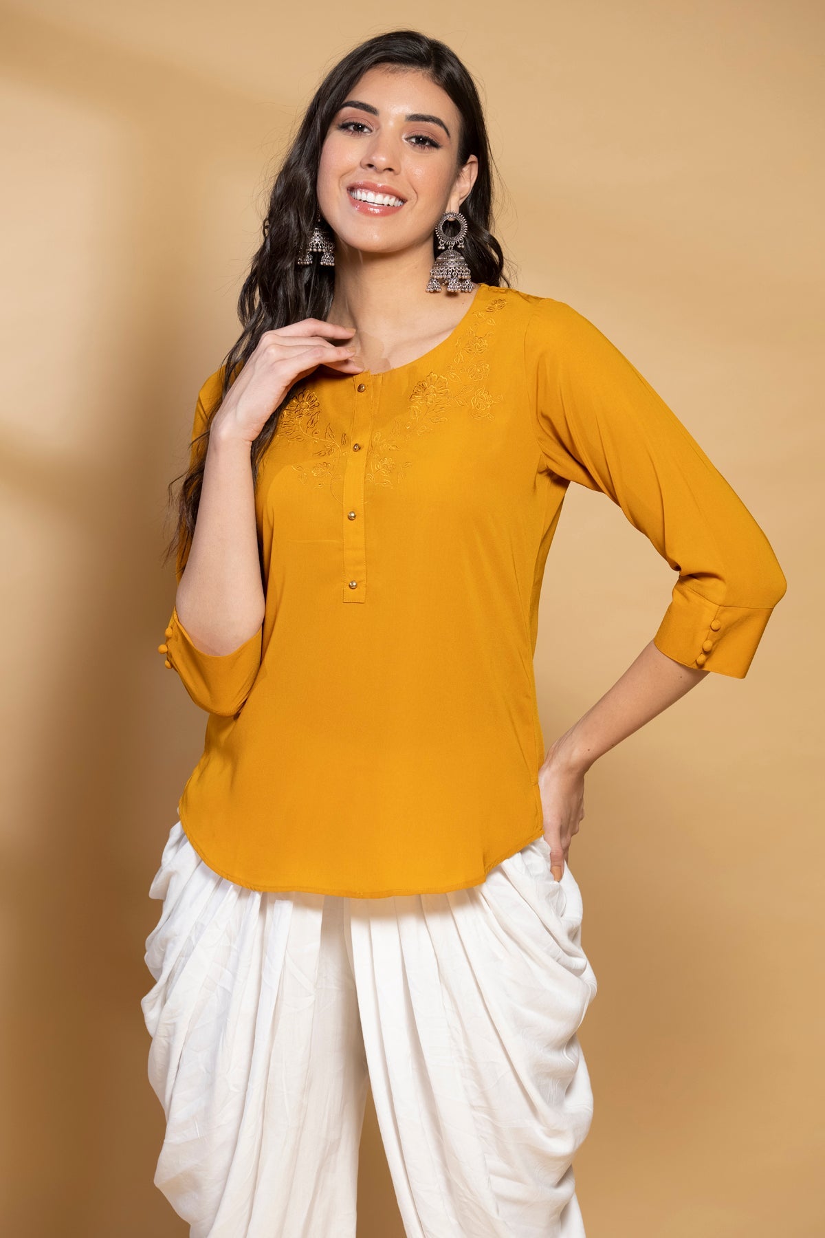 Mustard Yoke Embroidered Straight Top