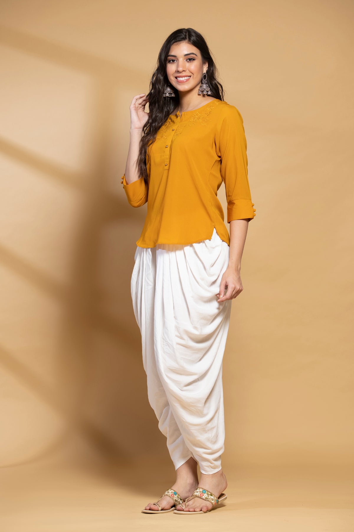 Mustard Yoke Embroidered Straight Top
