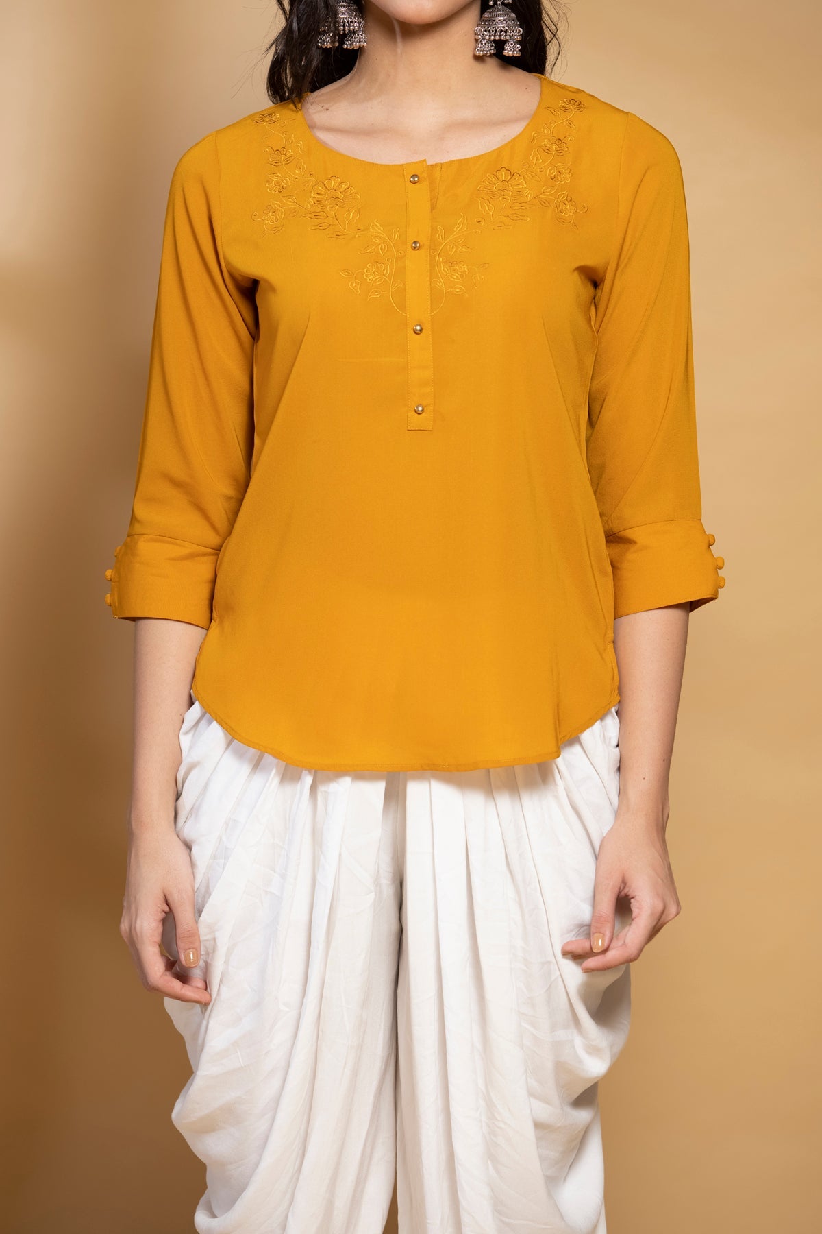 Mustard Yoke Embroidered Straight Top