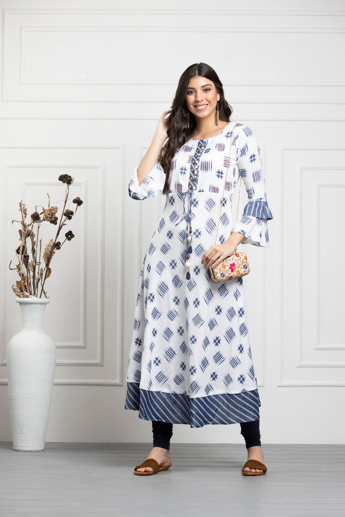 White Grey Printed Cotton Flex Dress