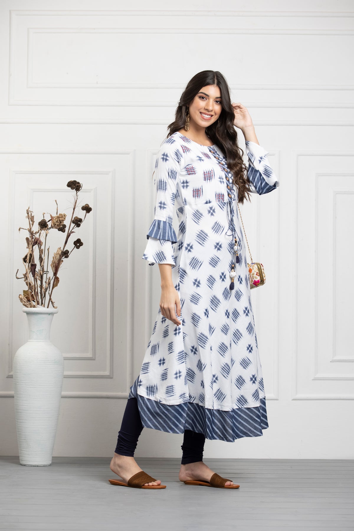 White Grey Printed Cotton Flex Dress