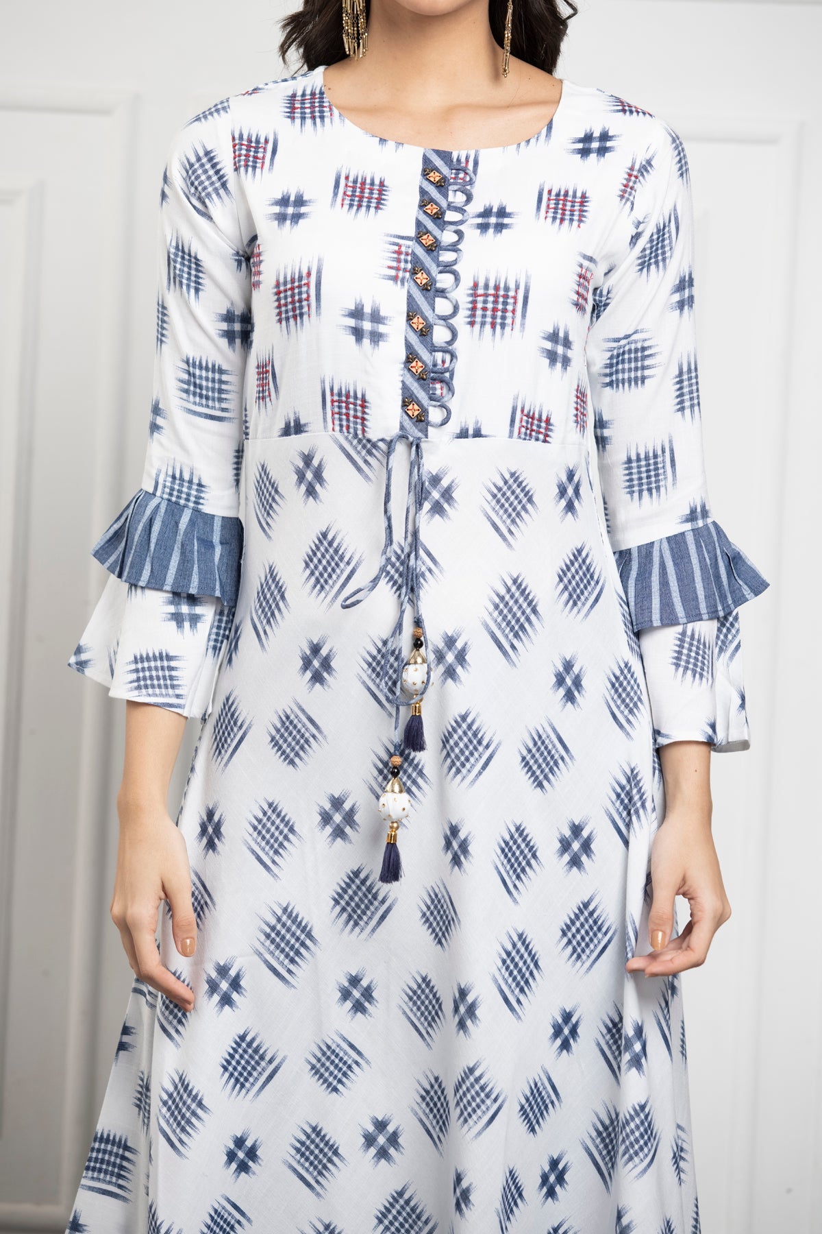 White Grey Printed Cotton Flex Dress