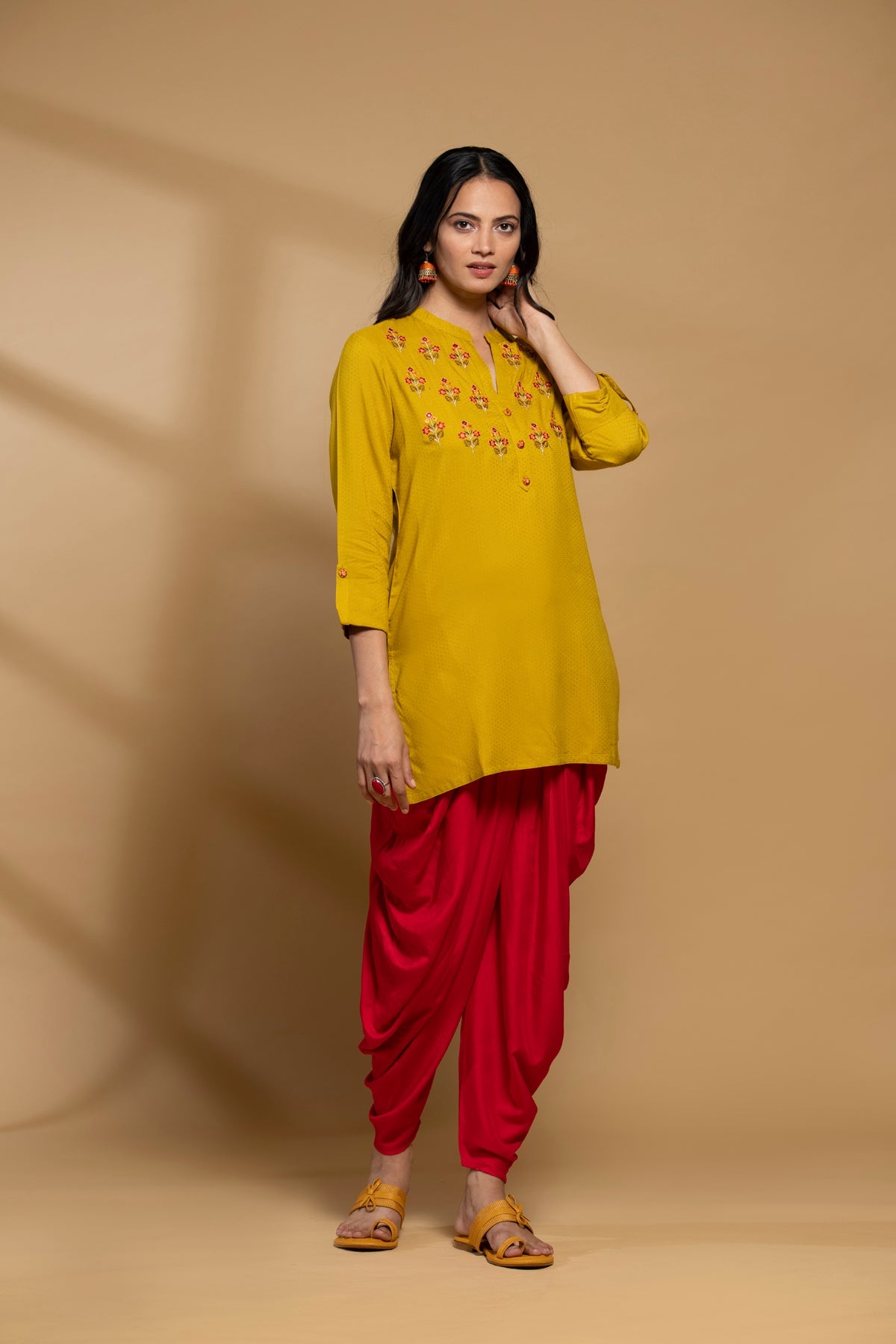 Mustard Yoke Embroidered Straight Top