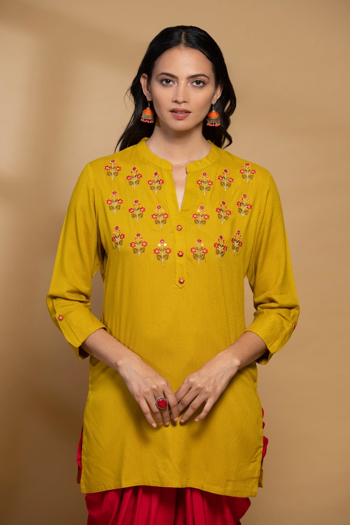 Mustard Yoke Embroidered Straight Top