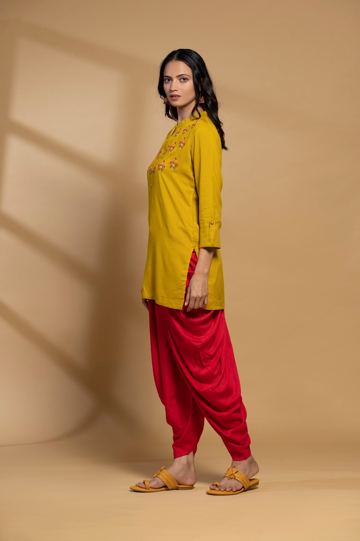 Mustard Yoke Embroidered Straight Top