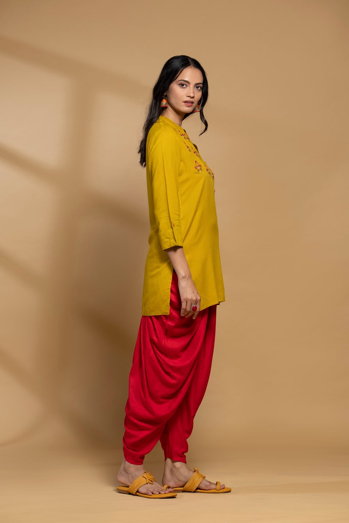 Mustard Yoke Embroidered Straight Top