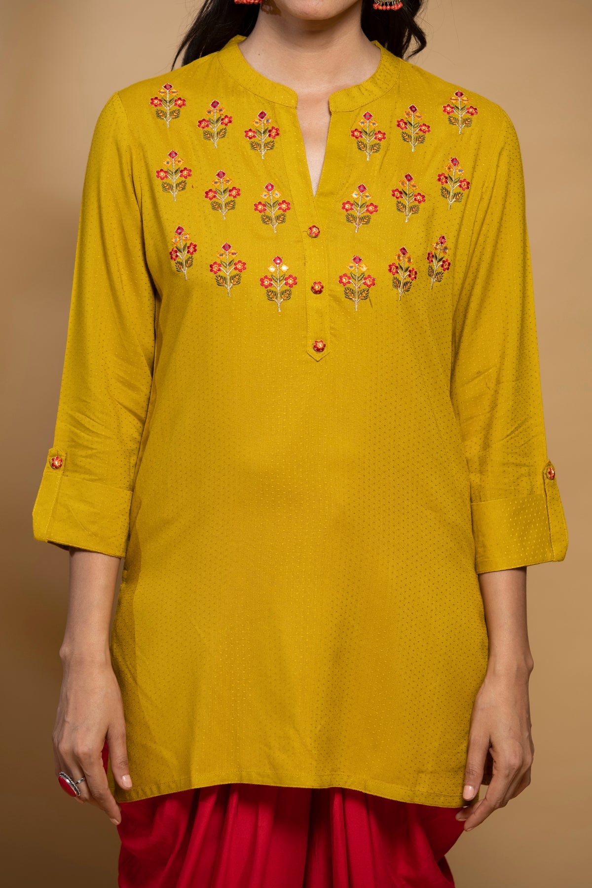 Mustard Yoke Embroidered Straight Top