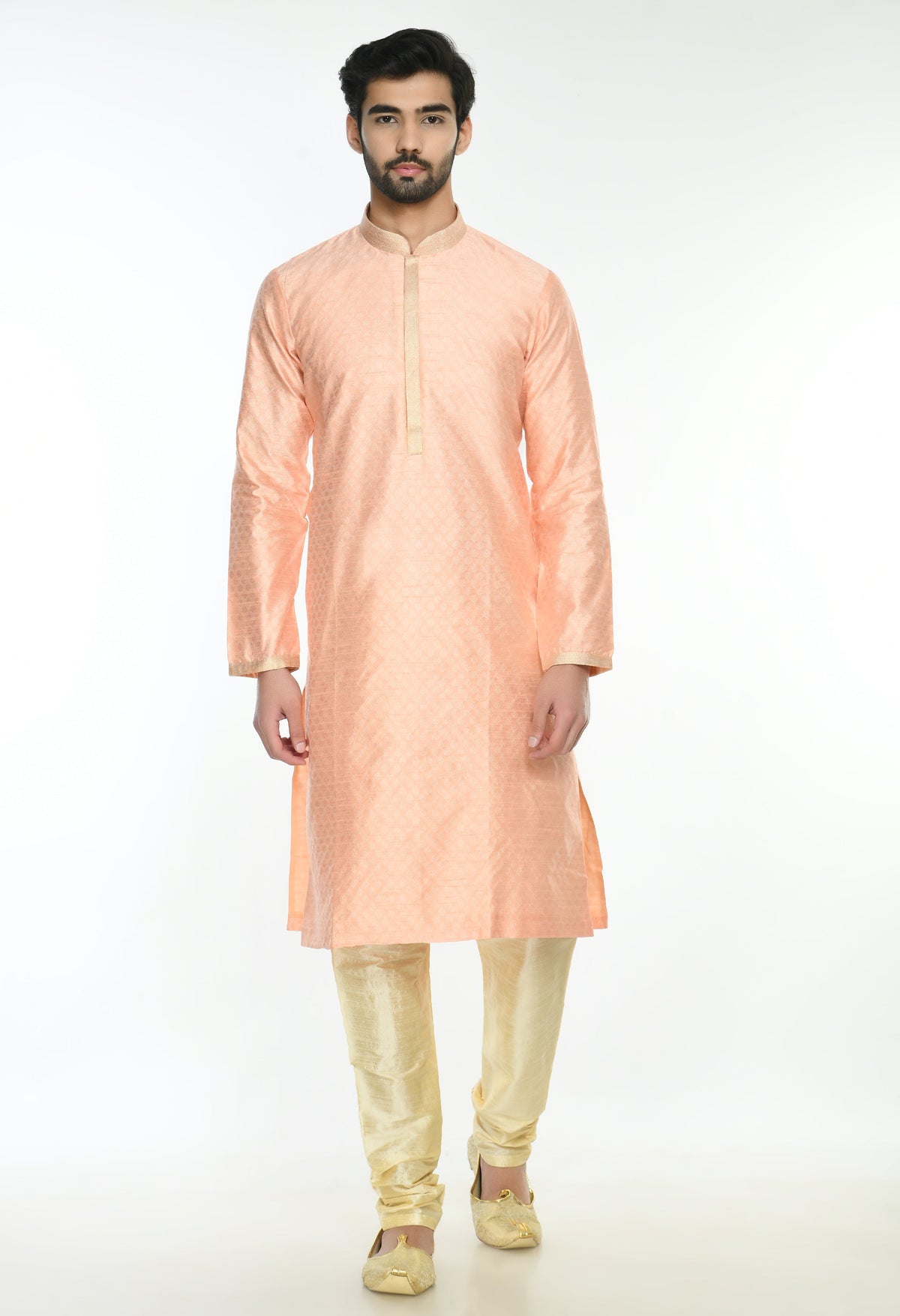 Peach-Coloured White Self Design Kurta Set