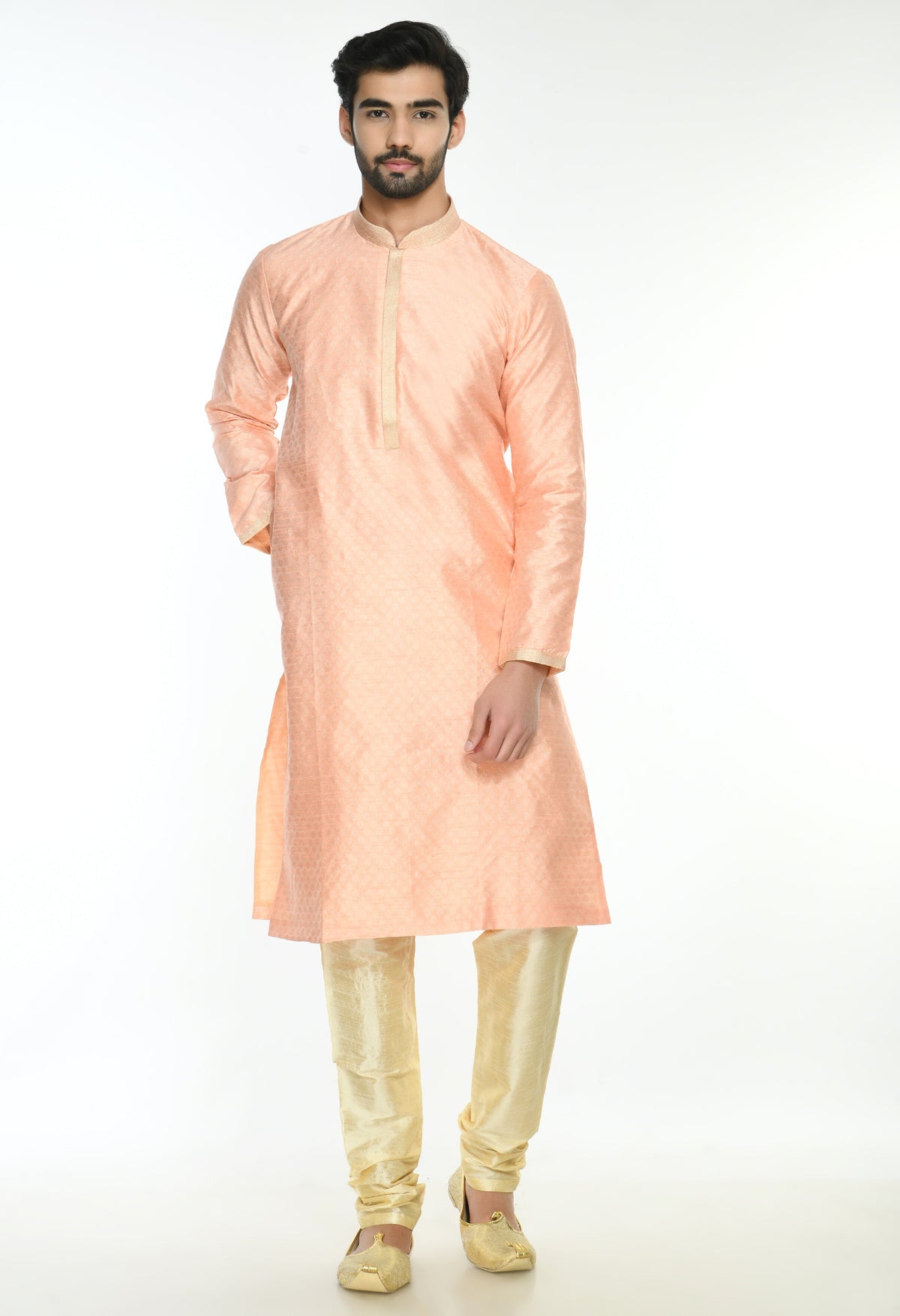 Peach-Coloured White Self Design Kurta Set