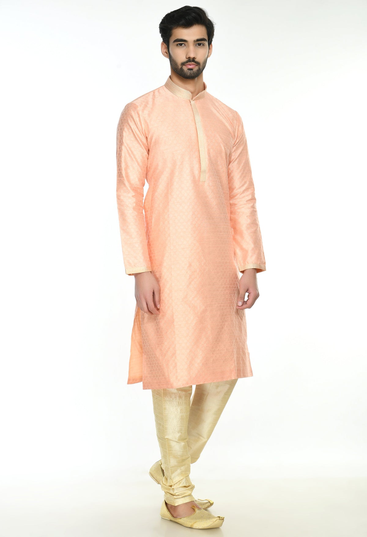 Peach-Coloured White Self Design Kurta Set