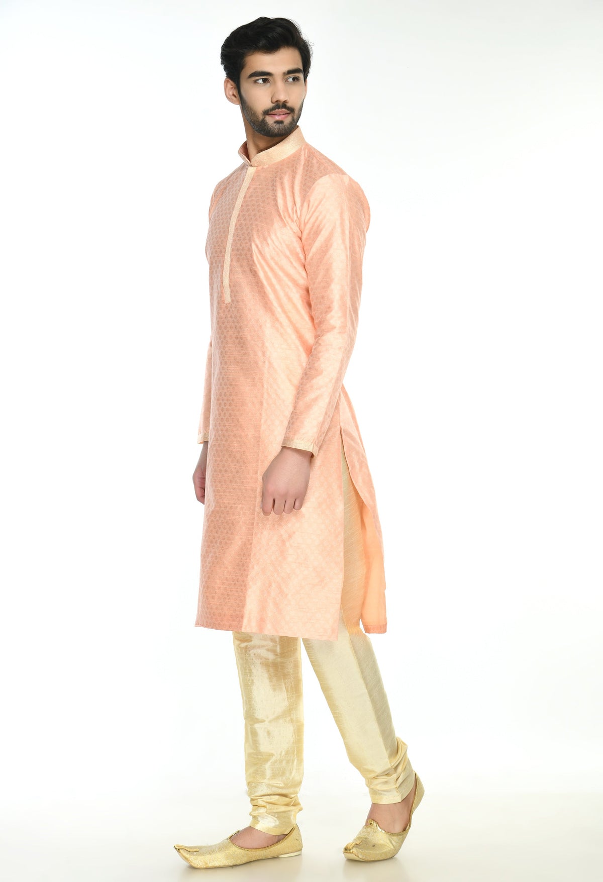 Peach-Coloured White Self Design Kurta Set