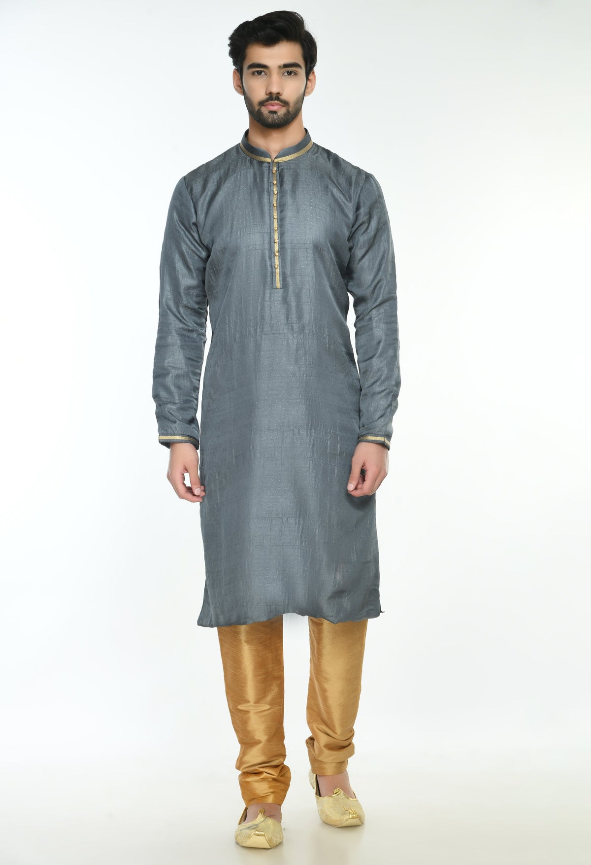 Grey Gold-Toned Thread Work Kurta with Churidar