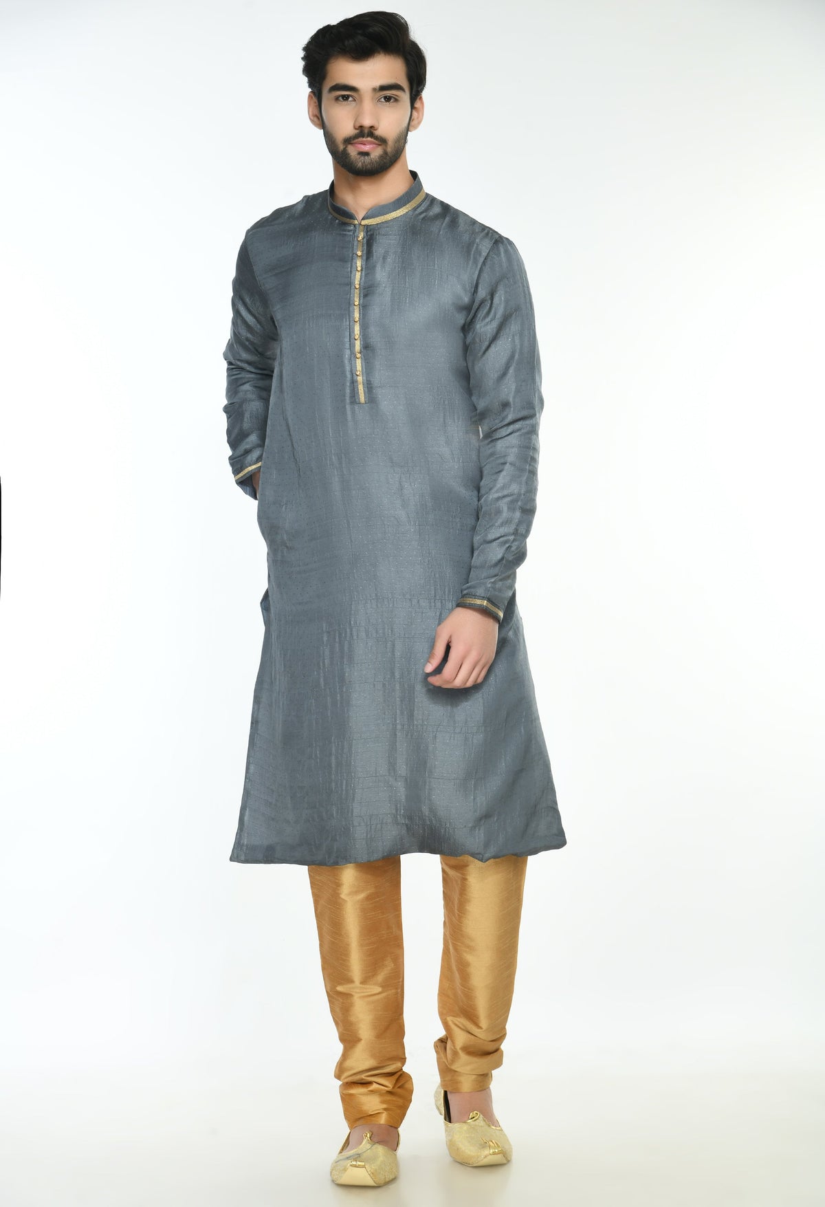 Grey Gold-Toned Thread Work Kurta with Churidar
