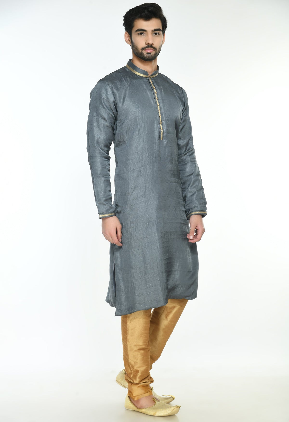 Grey Gold-Toned Thread Work Kurta with Churidar