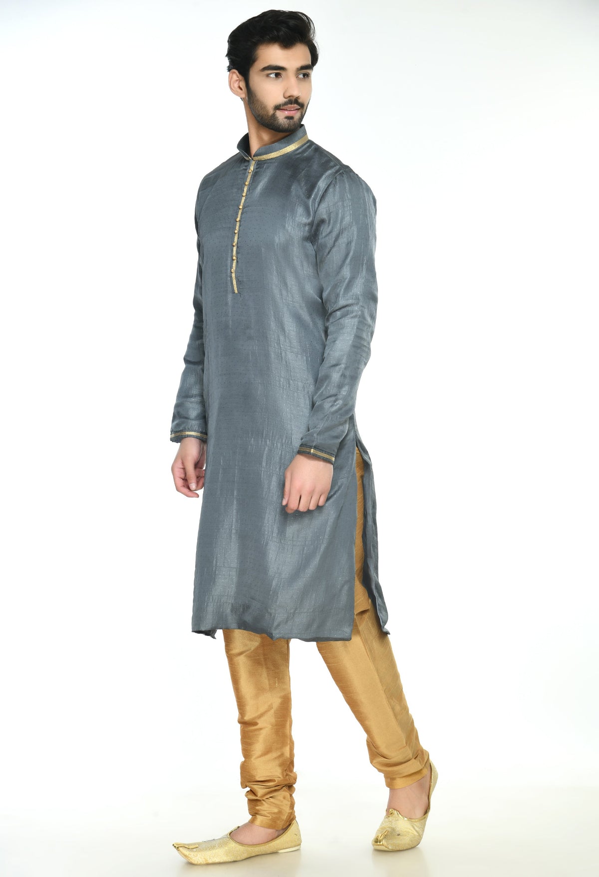 Grey Gold-Toned Thread Work Kurta with Churidar