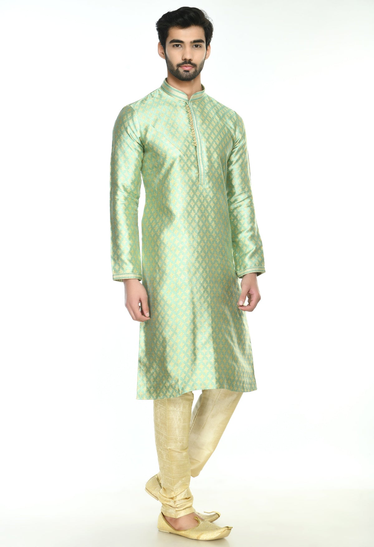 Men Green Cream Woven Design Kurta Set