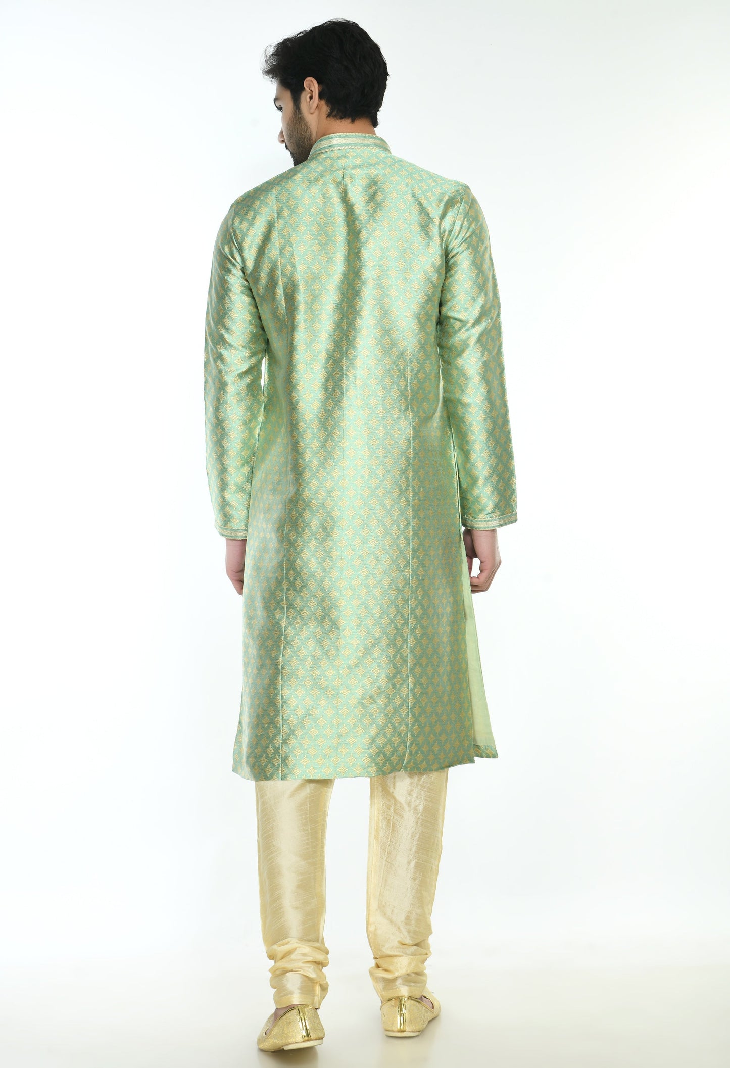 Men Green Cream Woven Design Kurta Set