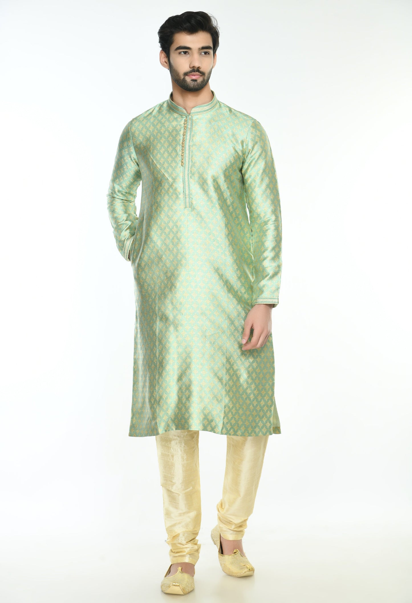 Men Green Cream Woven Design Kurta Set