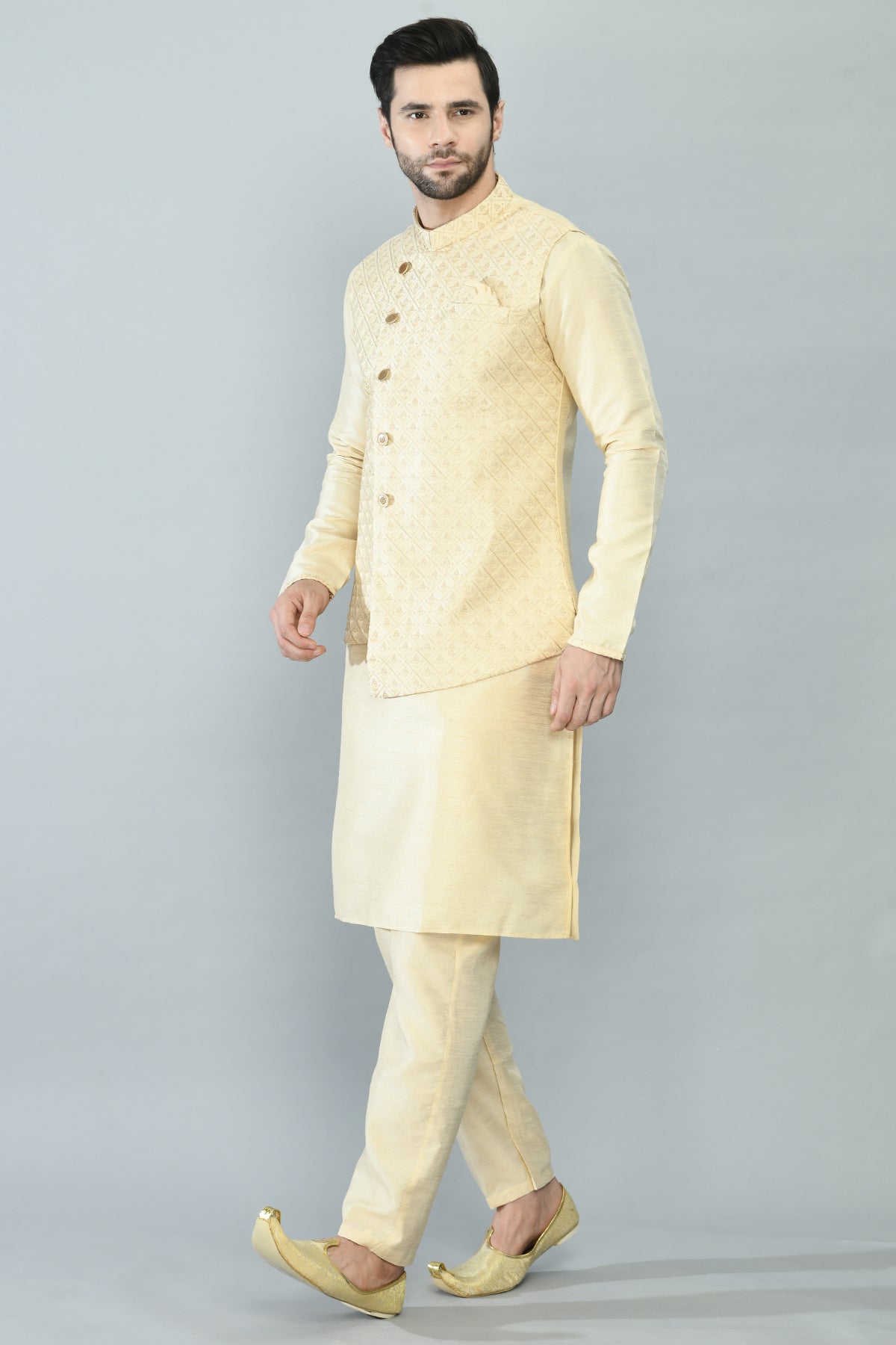 Beige Embroidered Kurta Churidar with Floral Printed Nehru Jacket