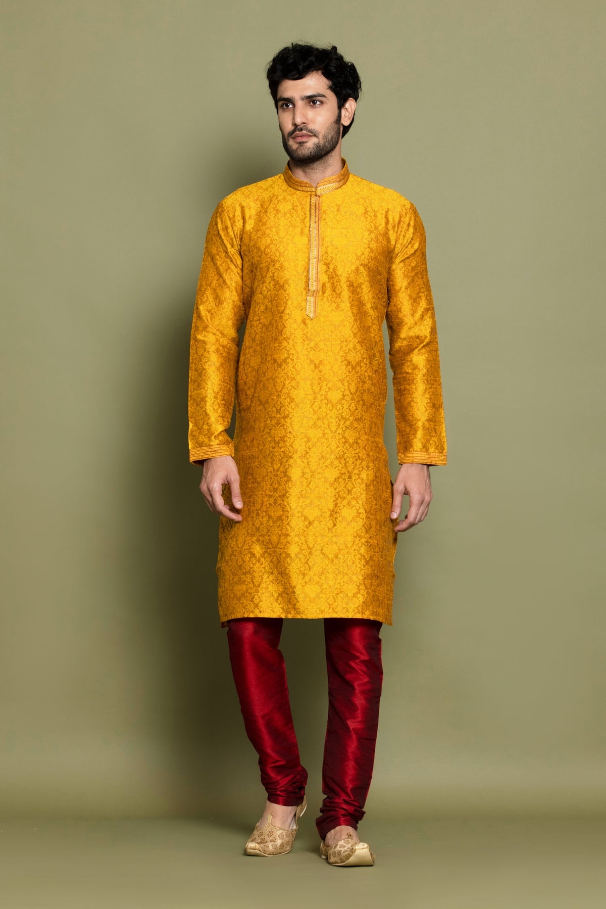 Dark Yellow Self Design Kurta Set