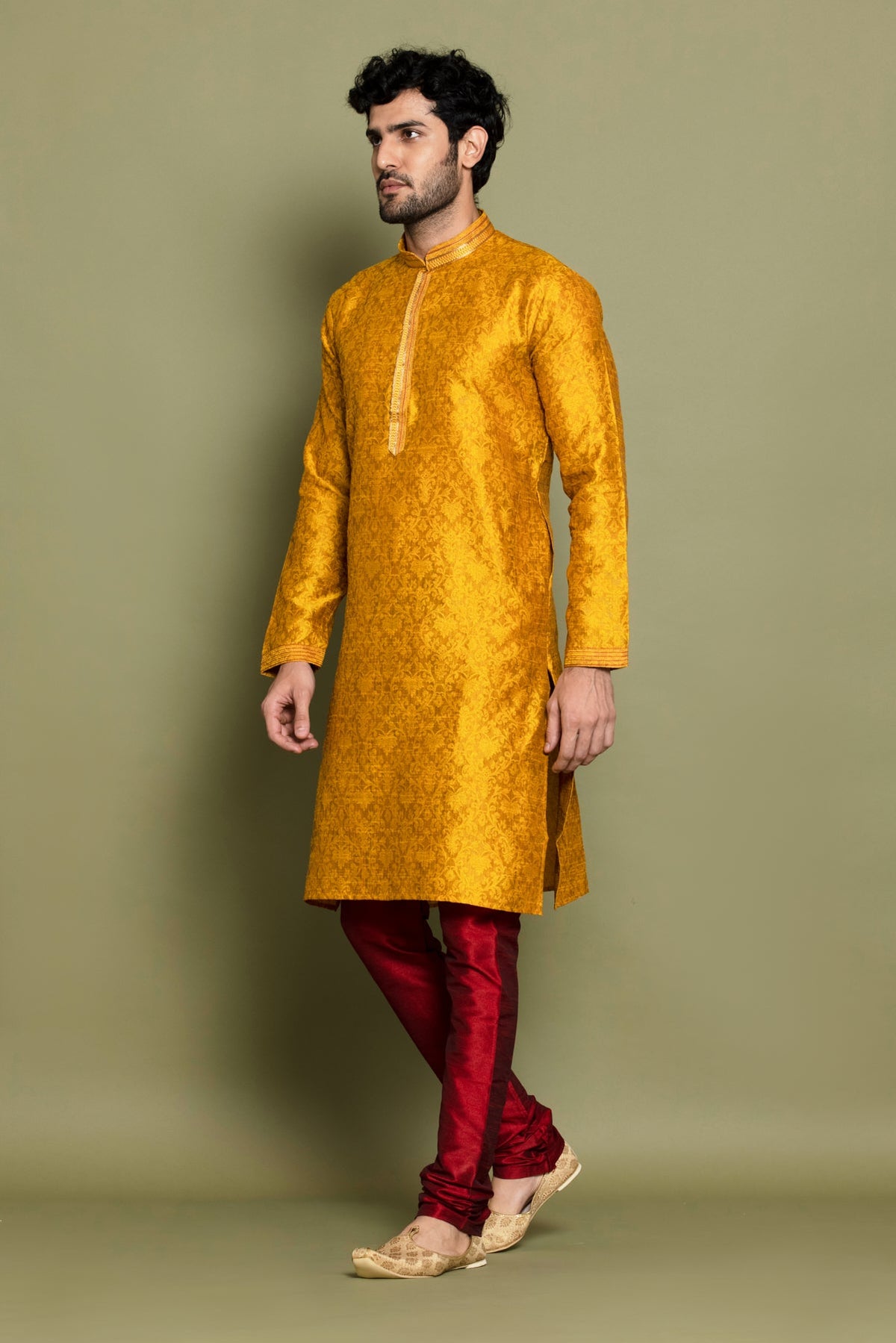 Dark Yellow Self Design Kurta Set