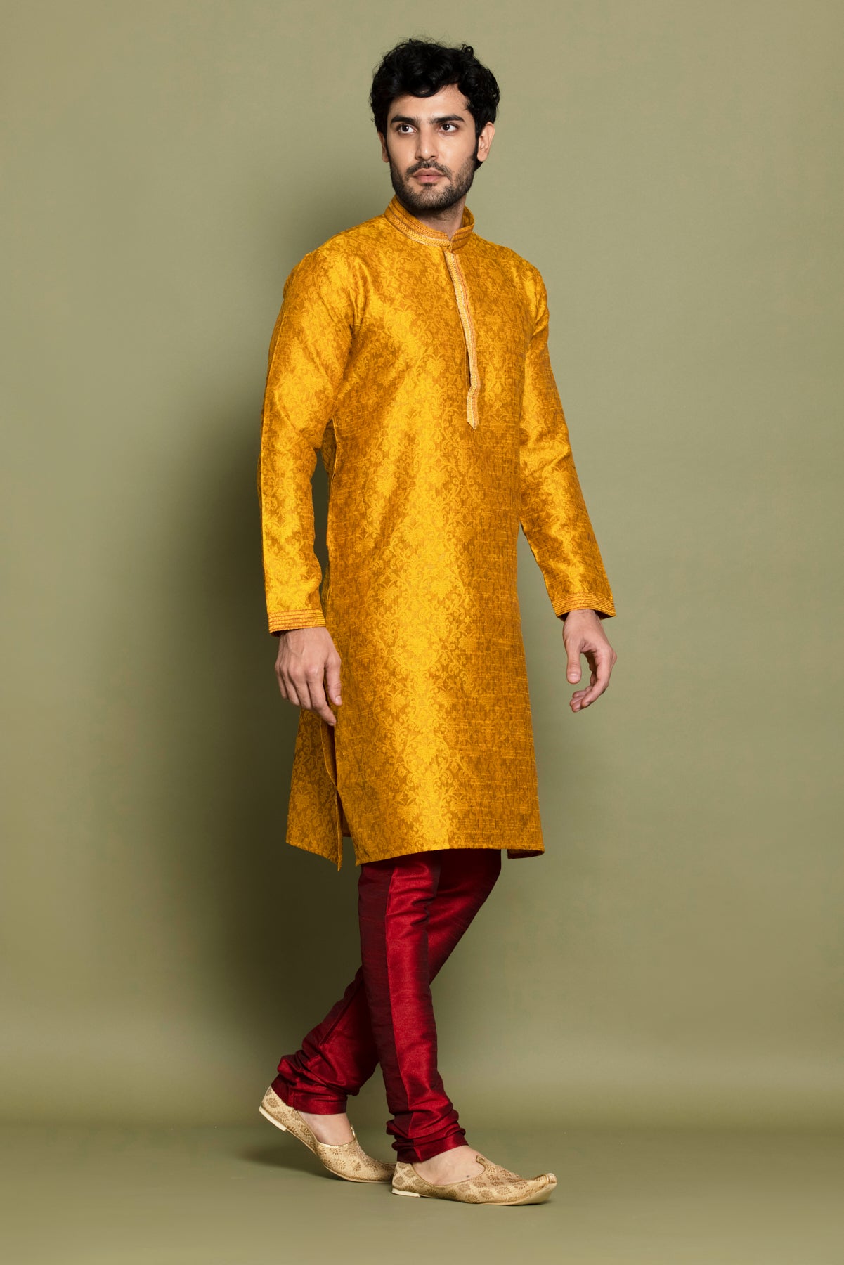 Dark Yellow Self Design Kurta Set