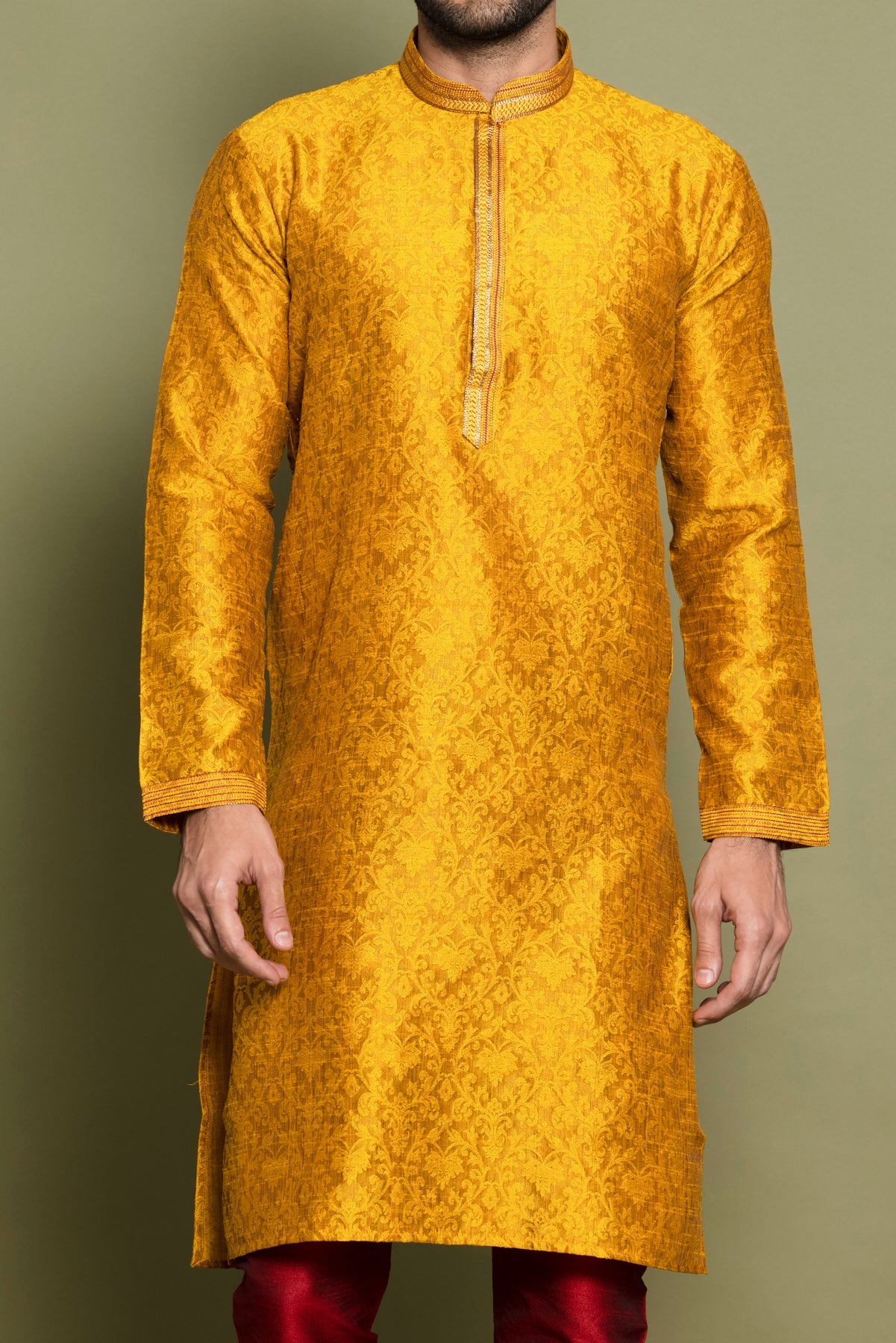 Dark Yellow Self Design Kurta Set