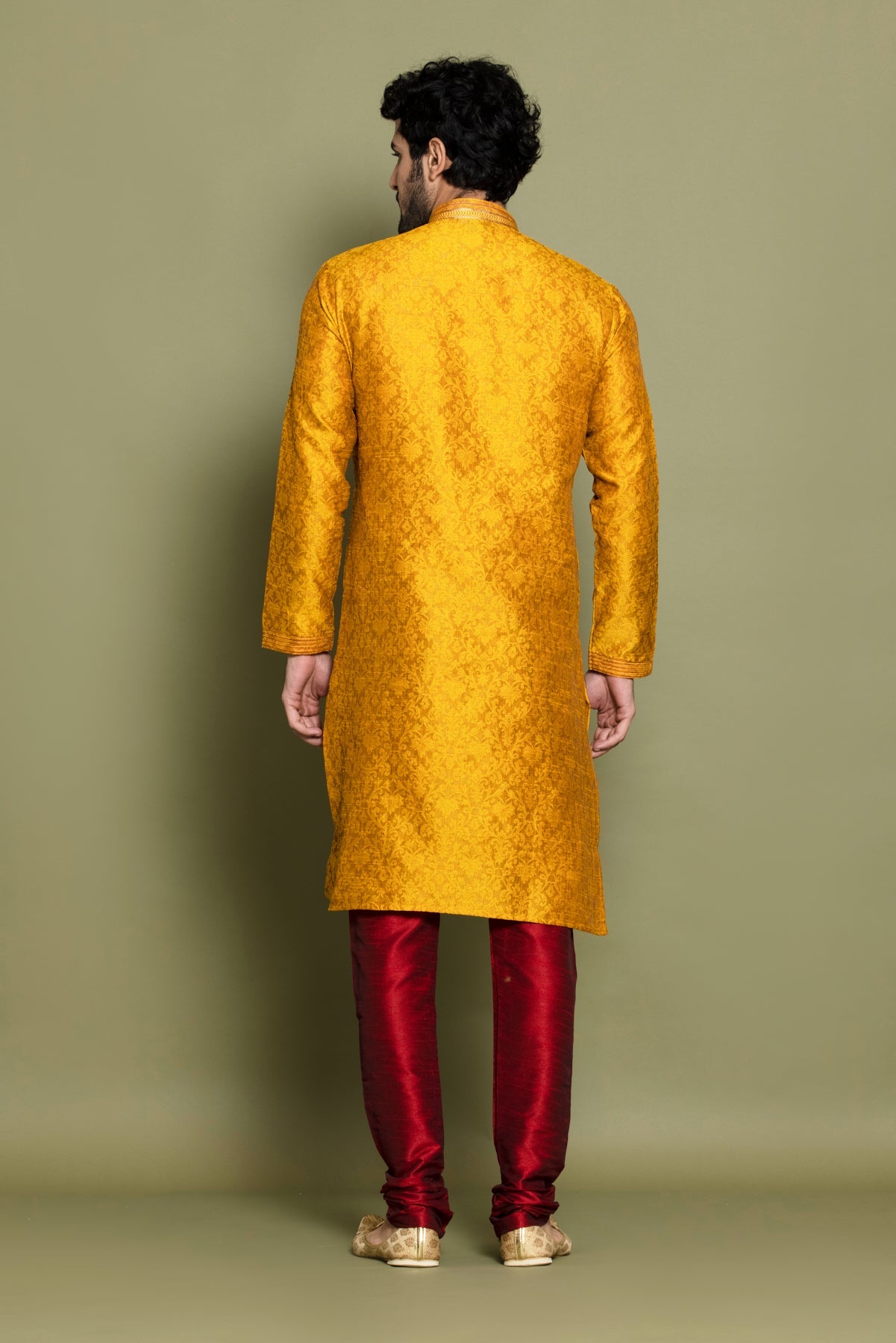 Dark Yellow Self Design Kurta Set
