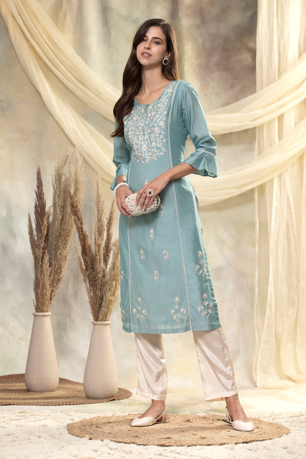 Firozi Embroidered Straight Kurta 2 Pcs Set