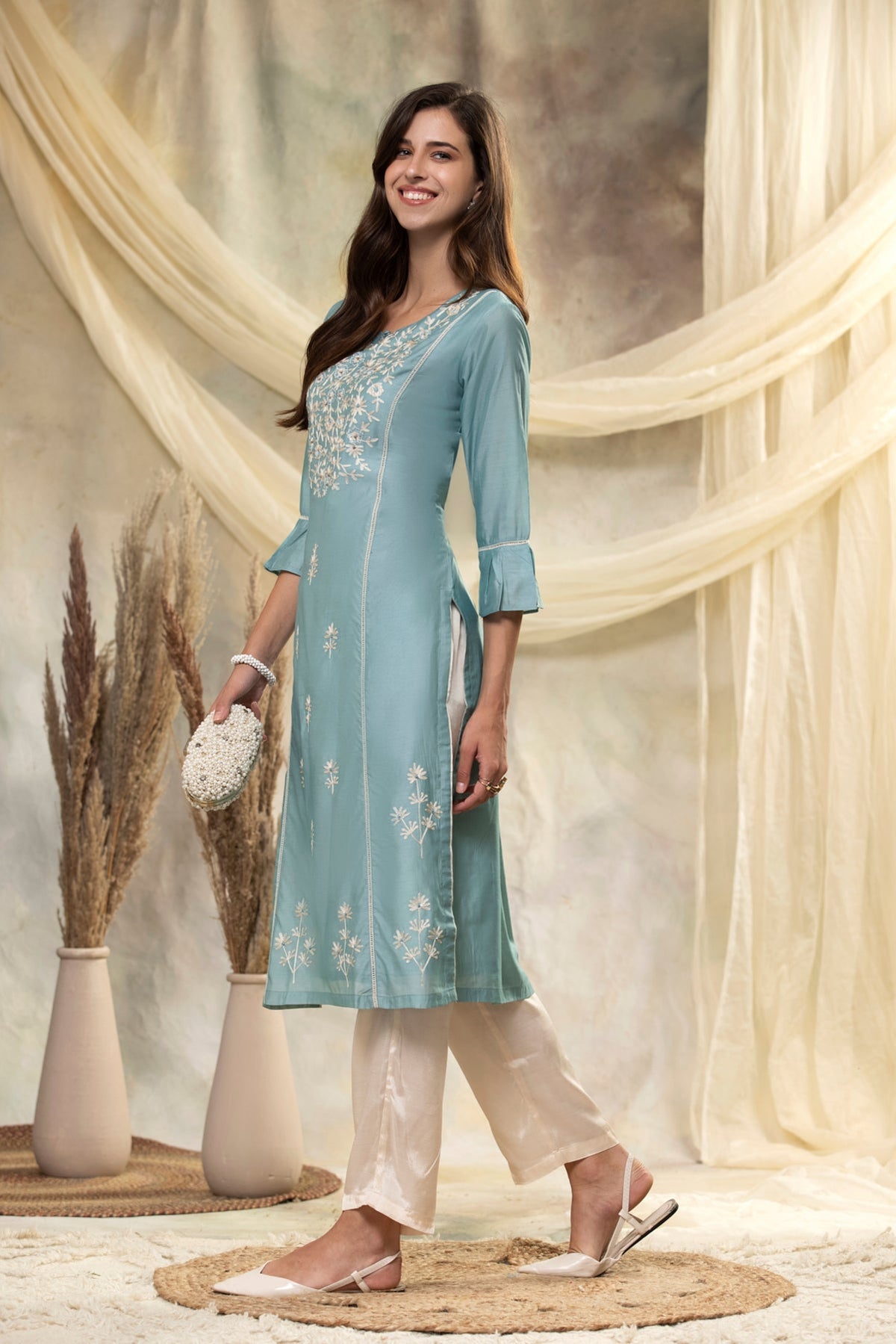 Firozi Embroidered Straight Kurta 2 Pcs Set