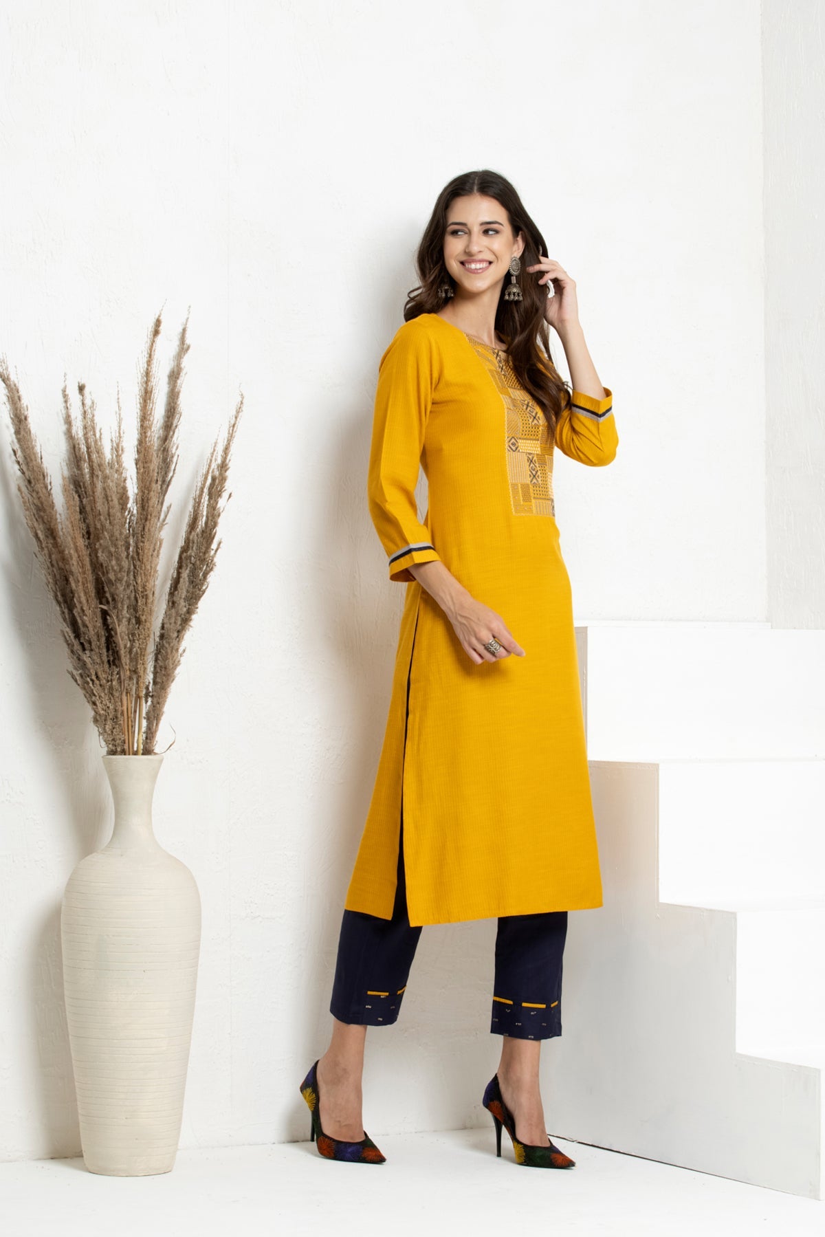 Mustard Embroidered Straight Kurta 2 Pcs Set