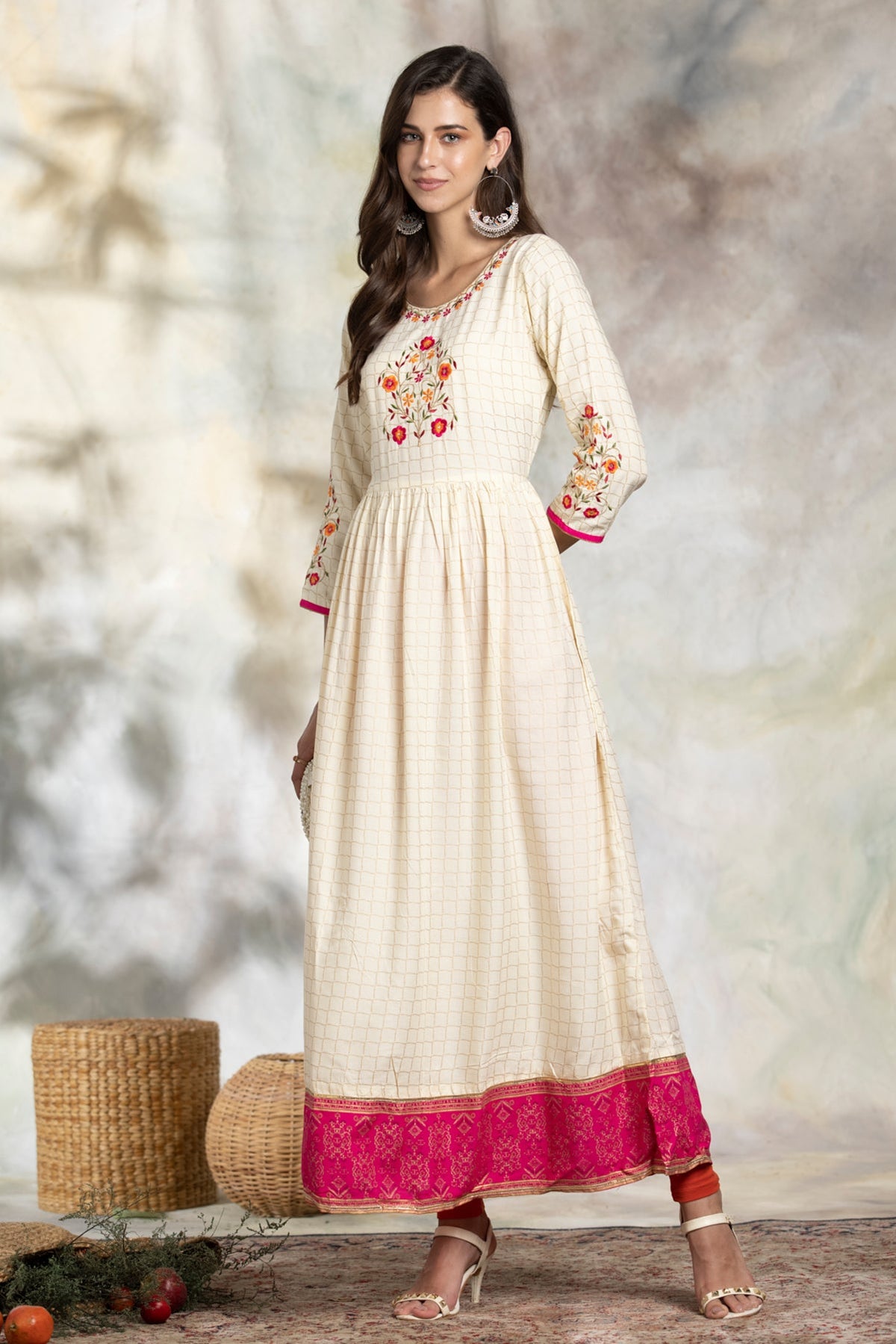 Cream Yoke Embroidered Dress