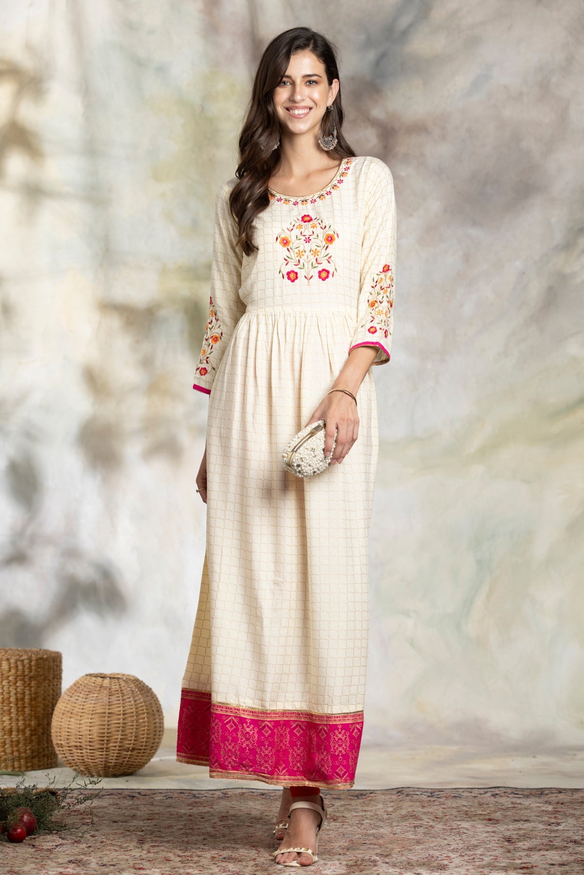 Cream Yoke Embroidered Dress
