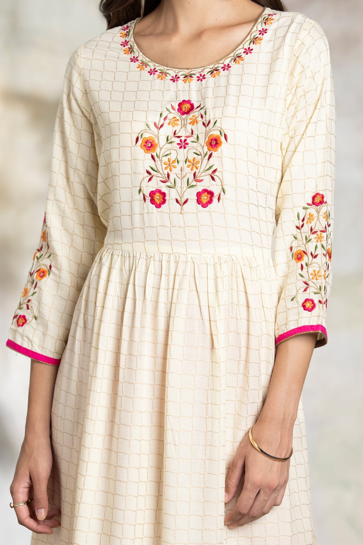 Cream Yoke Embroidered Dress