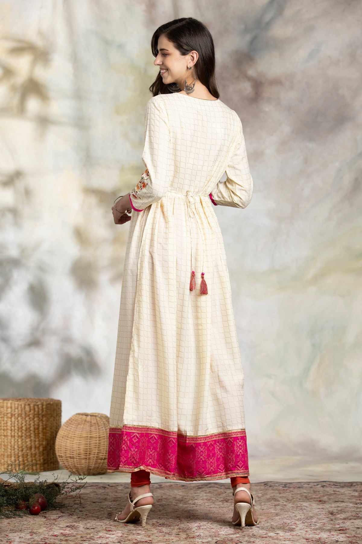 Cream Yoke Embroidered Dress