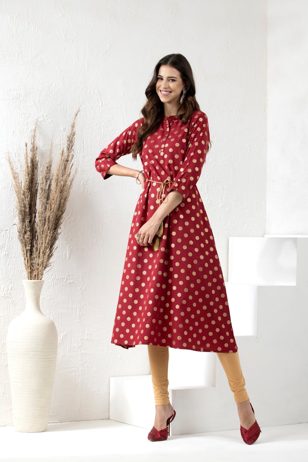 Maroon Golden Foil Print Dress
