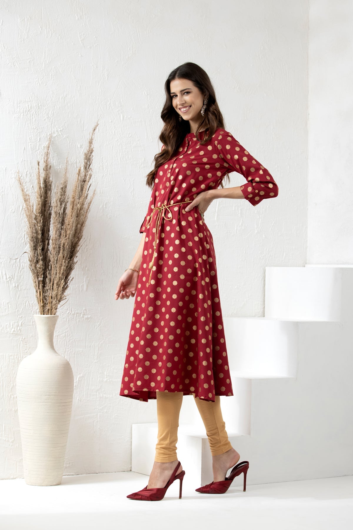 Maroon Golden Foil Print Dress