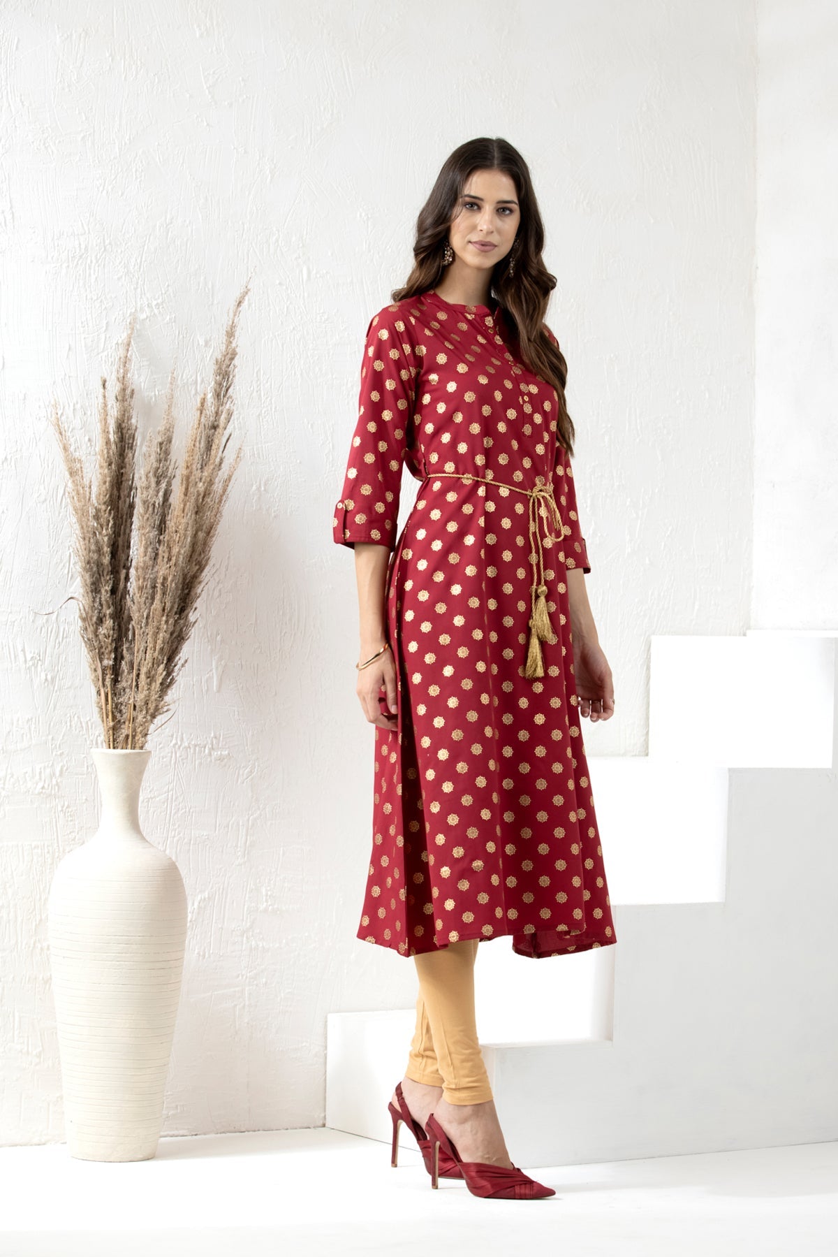 Maroon Golden Foil Print Dress