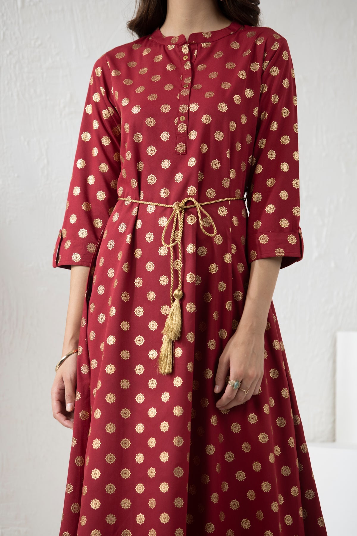 Maroon Golden Foil Print Dress