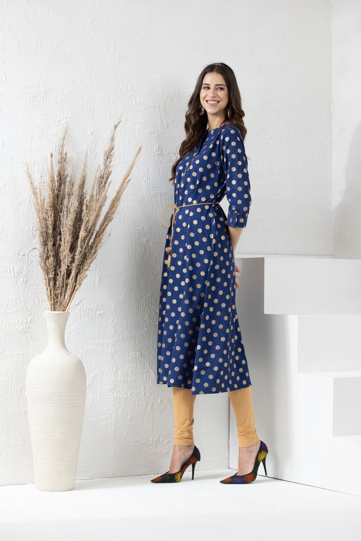 Blue Red Printed Flared Kurta