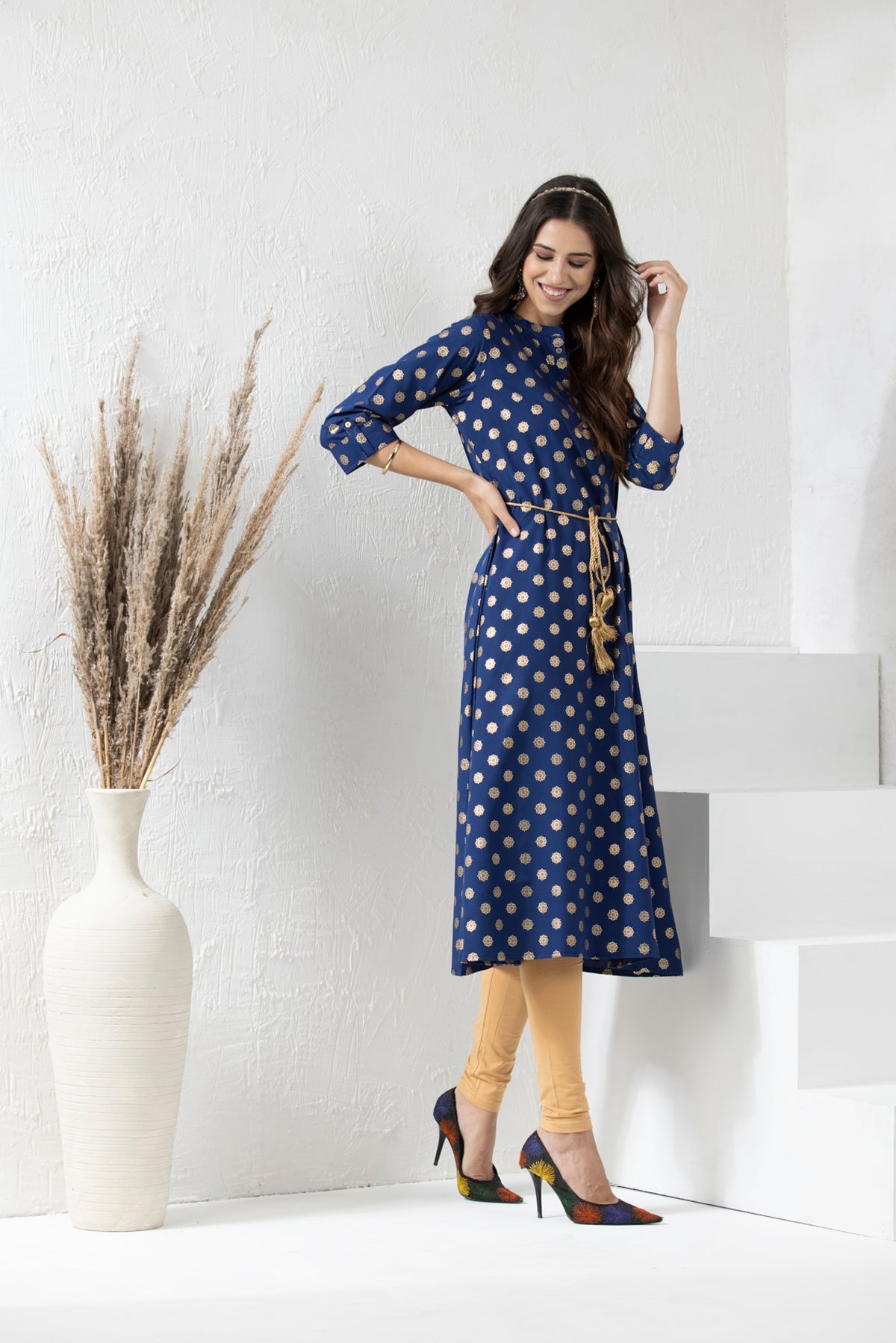 Blue Red Printed Flared Kurta