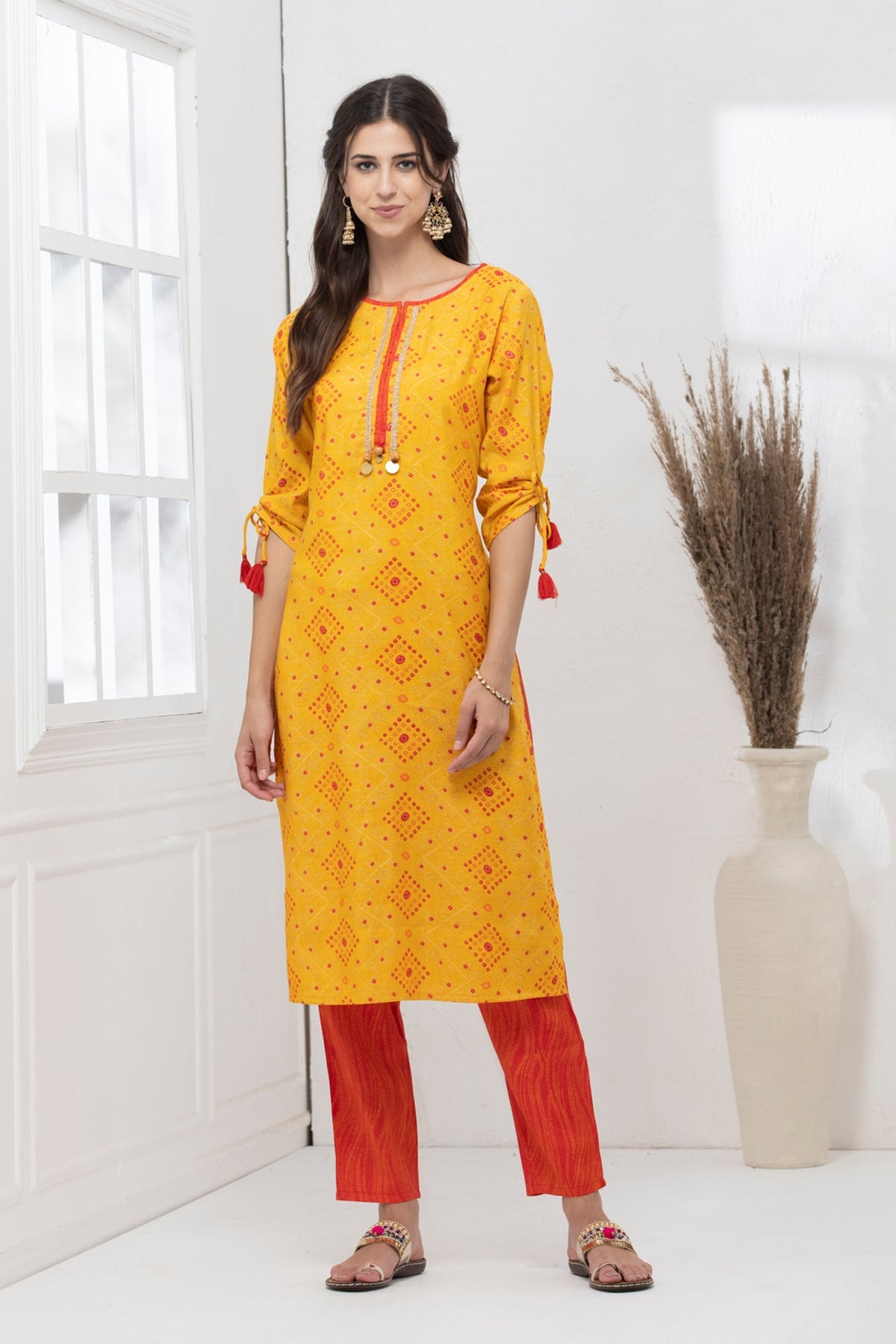 Yellow Print Straight Kurta 2 Pcs Set