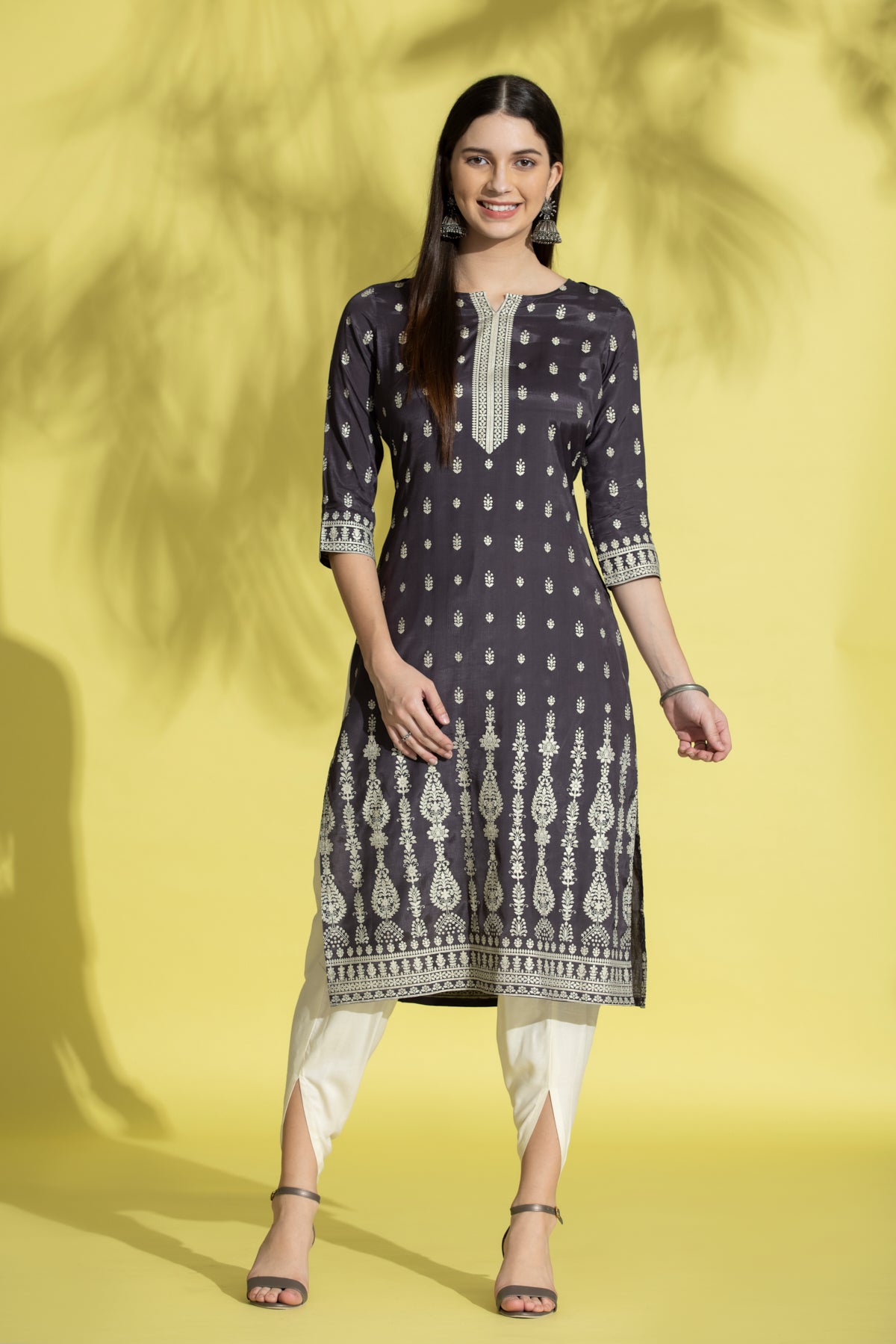 Grey Gold Foil Print Straight Kurta