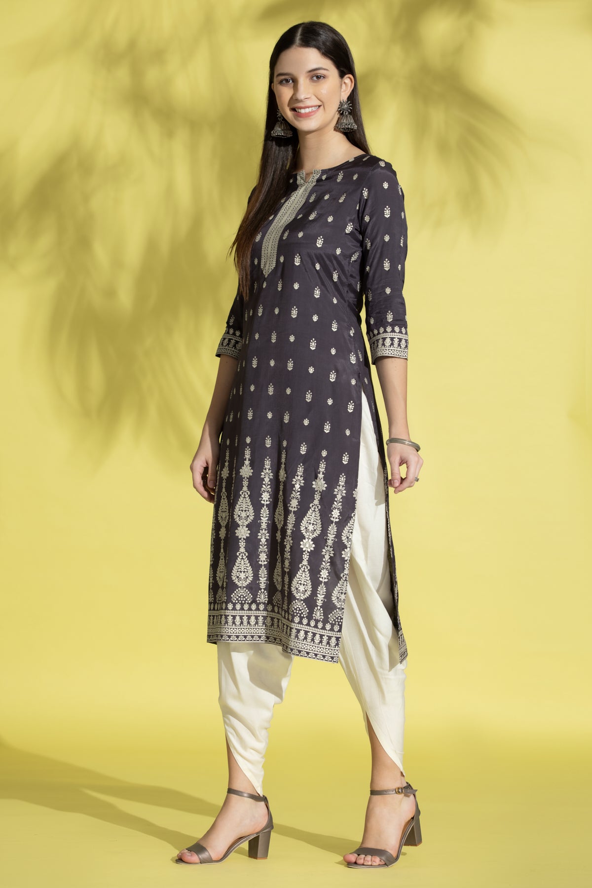 Grey Gold Foil Print Straight Kurta