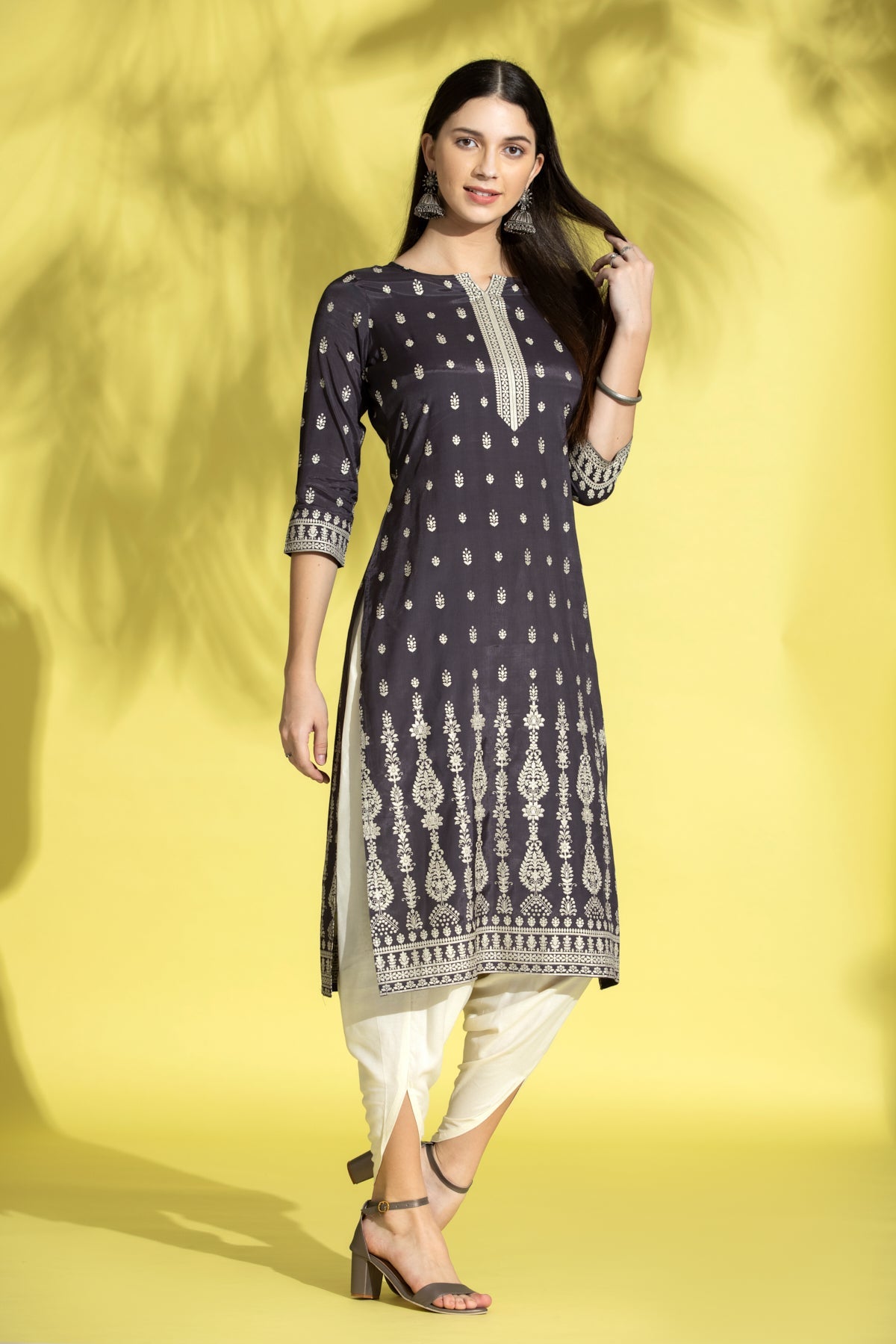Grey Gold Foil Print Straight Kurta