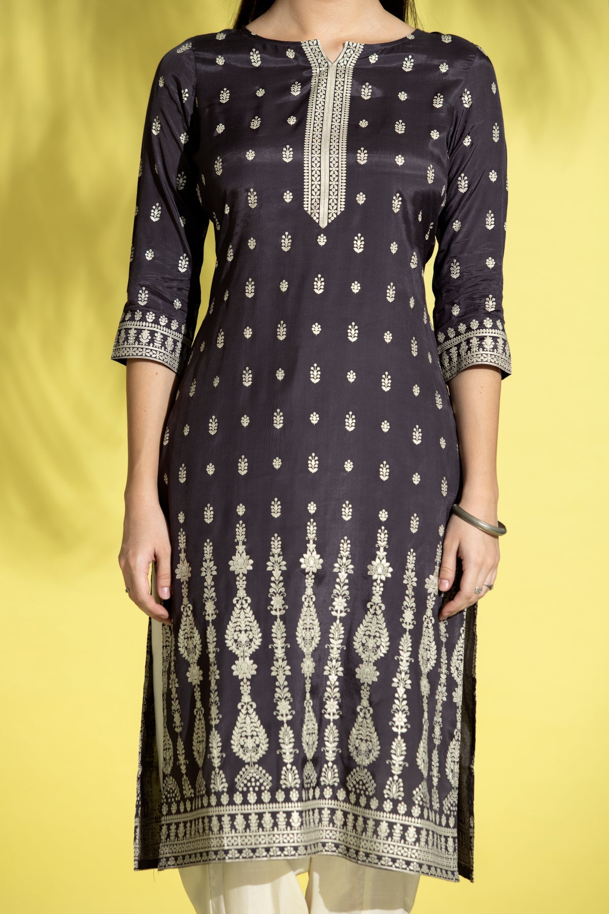 Grey Gold Foil Print Straight Kurta