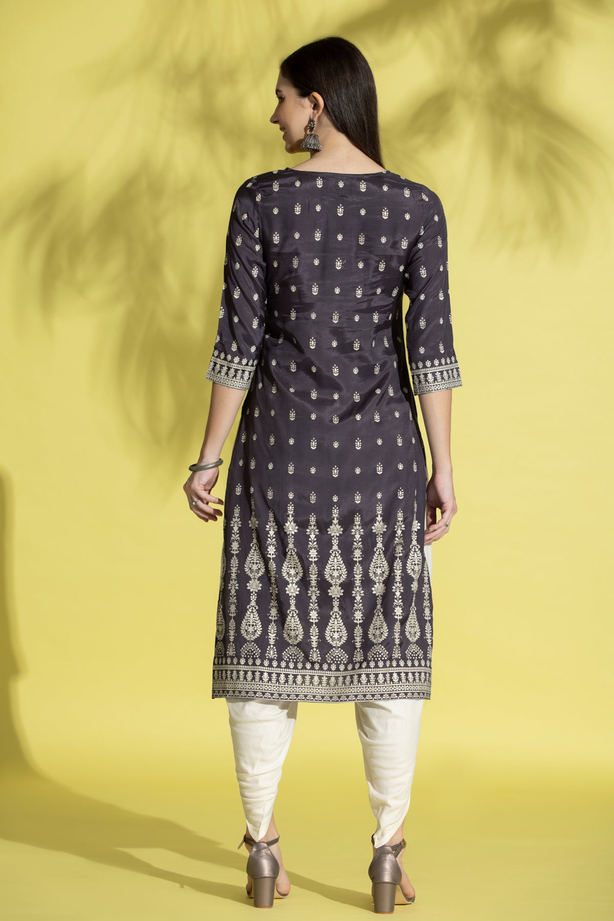 Grey Gold Foil Print Straight Kurta