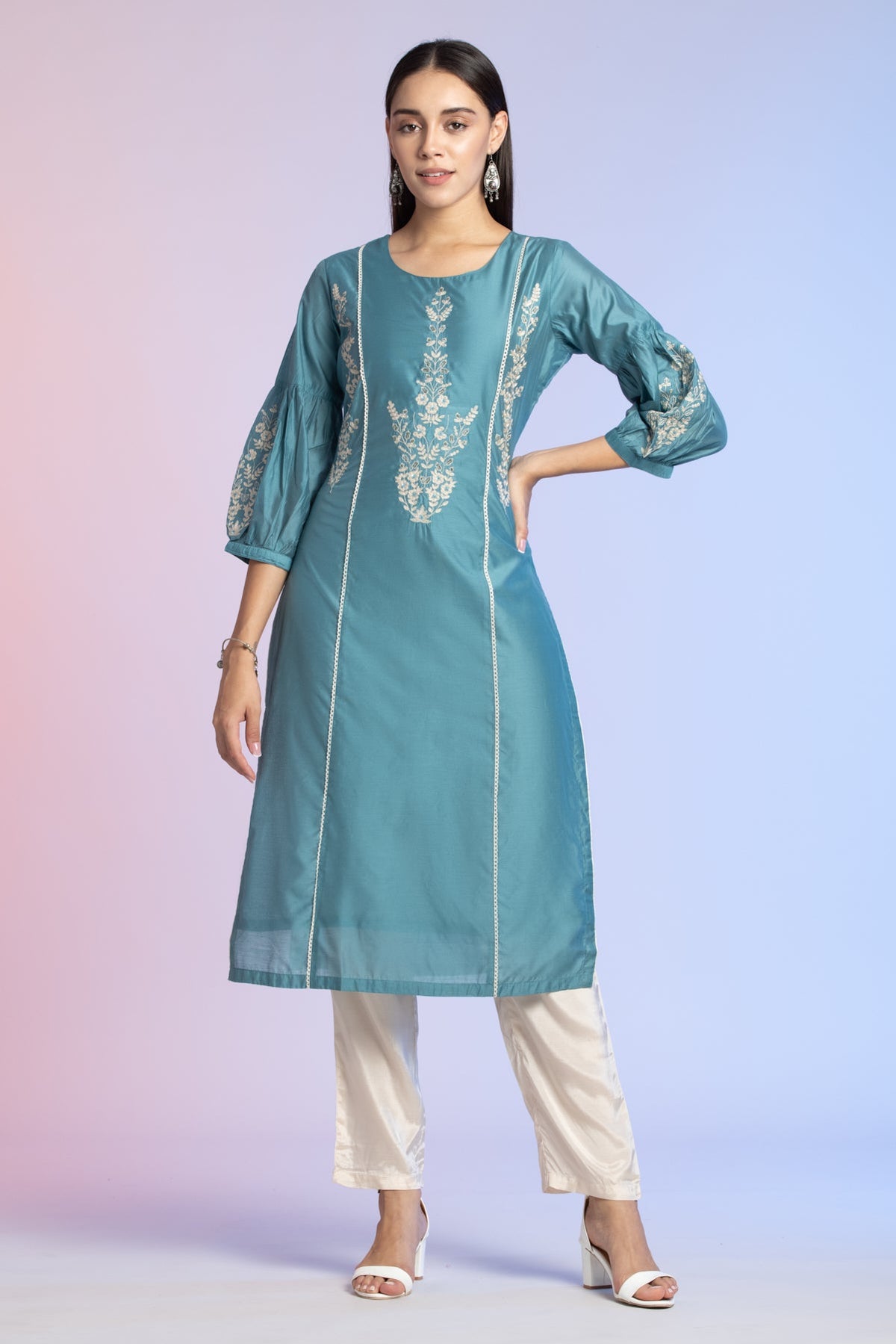 Teal Blue Straight Embroidered Artificial Kurta 2 Pcs Set