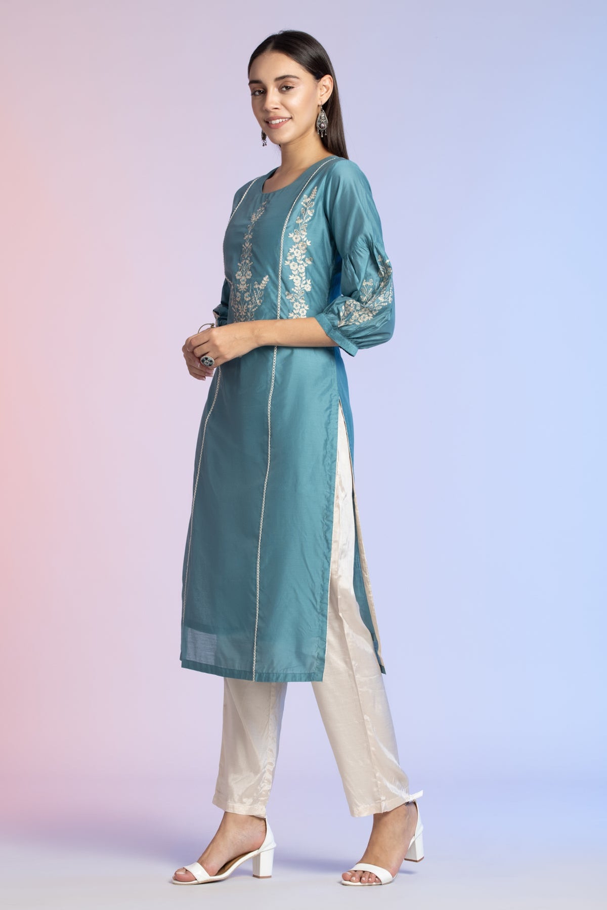 Teal Blue Straight Embroidered Artificial Kurta 2 Pcs Set